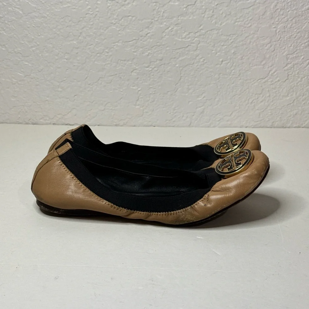 Tory Burch Ballet Slipper Flats Shoes Tan Brown Black 7.5